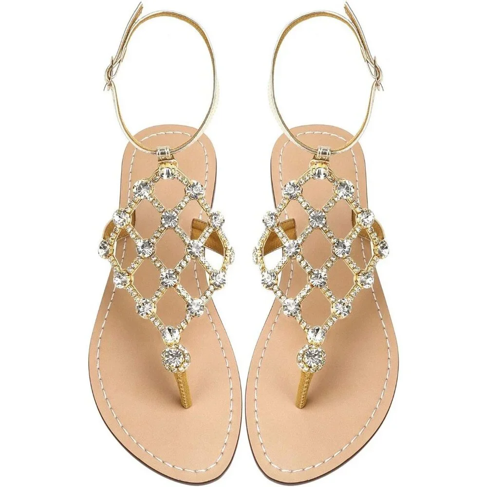 Women's Gold Rhinestone Upper Flat T Strap Thong Flip Flop Sandals Shoes - Picture 9 of 9